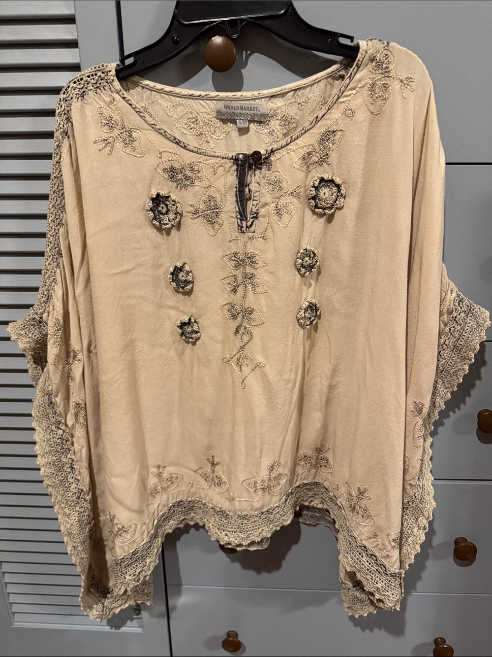 Cost Plus World Market Cream Embroidered Crochet-Trim Tunic